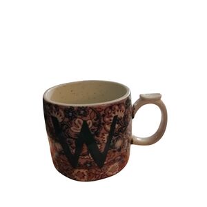 Anthropologie Initial "W" Mug Paisley Floral Thumb Rest Factory Distress Design